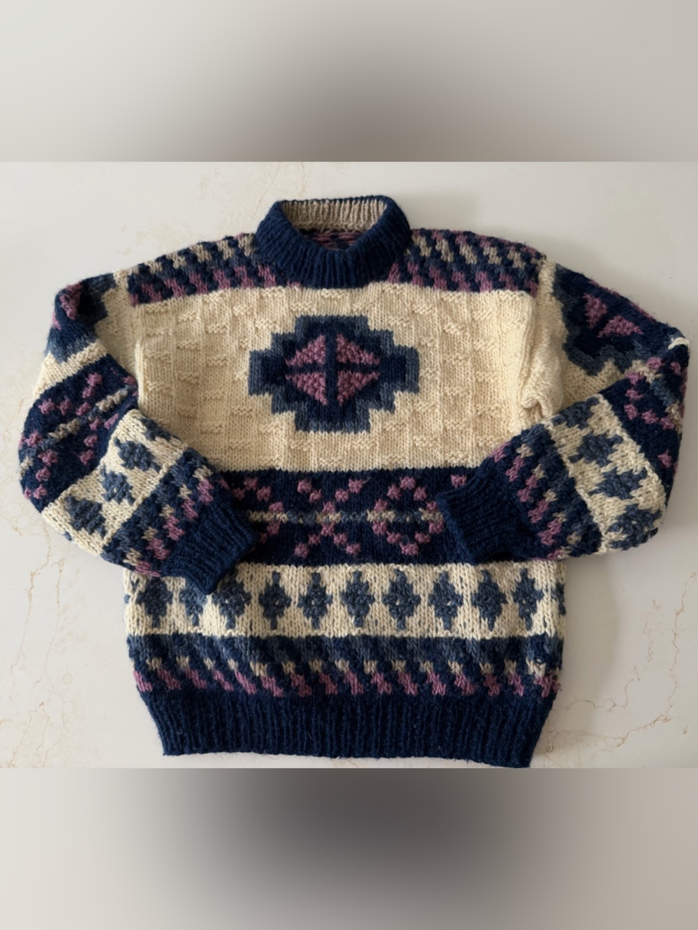 Vintage thick wool hand knit cowichan crewneck sweater in cream and blue